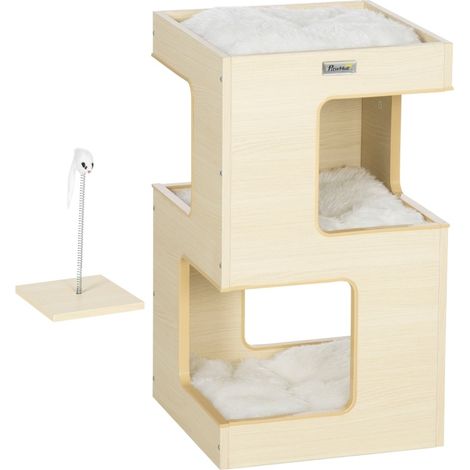 Cueva para gatos de madera natural con 2 niveles y juguete 34 x 34 x 60 cm (1/5)