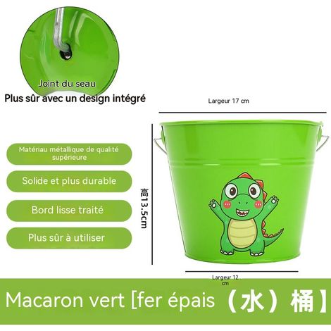 Seau en métal pour enfants, seau coloré épais avec poignée sécurisée, idéal pour jardin, plage et jeux-vert