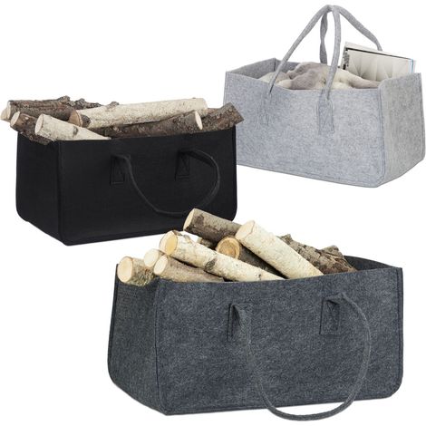 Relaxdays 3x Felt Firewood Basket, with Handles, Foldable, Load-bearing Bag, HWD: 25 x 25 x 50 cm, Black/Grey/Anthracite (1/5)