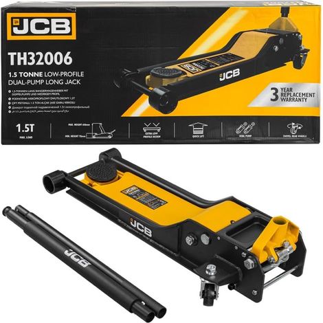 Gato Hidráulico de Perfil Bajo JCB 1,5 Toneladas, ideal para talleres y garajes, capacidad 1500 kg, rango de elevación 70-610 mm, doble pistón, tapa antideslizante.