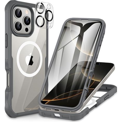 Magnétique Coque iPhone 16 Pro, Compatible avec MagSafe intégré Verre Trempé Protection écran et Protecteur Caméra, 360° Antichoc Téléphone Housse Double Face Case Intégrale Etui - Gris (1/5)