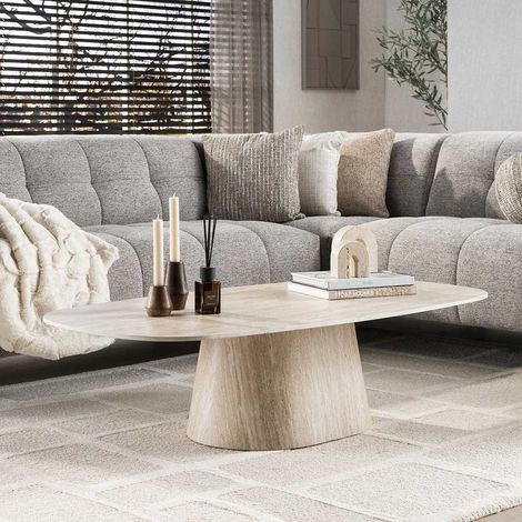 Table basse moderne 135 cm en céramique aspect travertin Celenia (1/5)