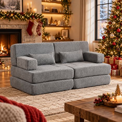 Canapé convertible 2 places - fauteuil-lit modulaire 2-en-1 - chenille et métal - Gris (1/4)