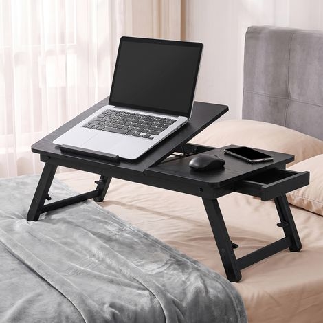 Table de Lit pour Ordinateur Portable en Bambou et MDF avec Trous de Ventilation 55,5 x 35 x 30 cm Noir (1/5)