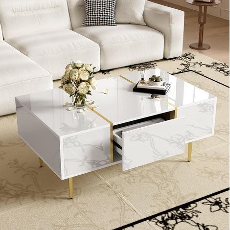 Mesa de centro con cajones brillo blanco dorado OKMYHOME (1/5)