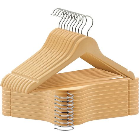 Lot de 20 Cintres en Bois, Robustes et Lisses, Cintre en Bois pour Votre Armoire,Crochet pivotant 360°,découpes au Niveau des épaules, antidérapantes,Naturel (1/5)