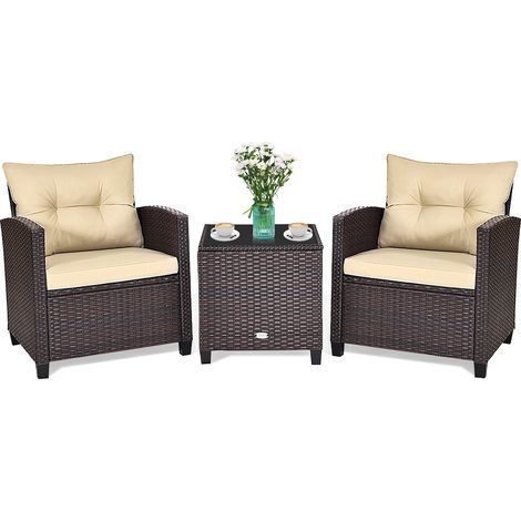 Set de mobilier de patio en rotin 3 pièces, set de conversation rembourré avec table basse - beige (1/5)