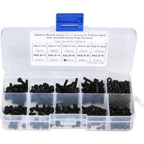 Ensemble de vis à six pans creux, 300 pièces M2,5 Jeux d'écrous et de boulons 3-20 mm, grade 12,9 en acier allié noir, tête hexagonale à six pans creux,avec boîte de Rangement.