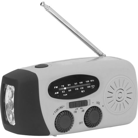 Radio solaire à manivelle multifonctionnelle d'urgence avec lampe torche LED intégrée pour le camping et les activités de plein air. Gris argenté, style japonais. (1/5)