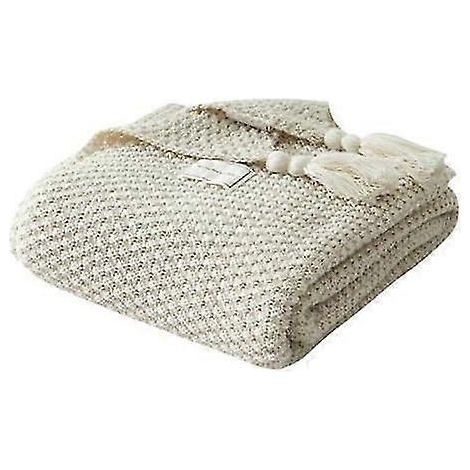 Couverture tricotée à pompons, coussin de canapé, 70 x 100 cm, beige (1/5)
