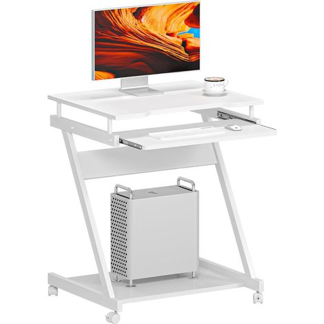 Soges Bureau d'ordinateur mobile en forme de Z, gain de place, Table d'ordinateur portable, bureau avec 4 roues, tiroir pour clavier lisse, blanc (1/5)