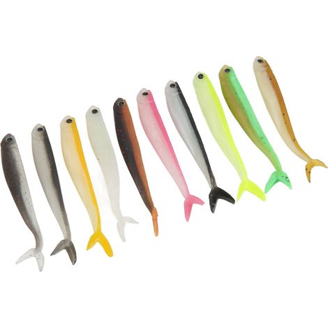 Lot de 10 leurres souples en silicone bicolores, en forme de queue de poisson, 2,6 g, 8,5 cm, pour la pêche en extérieur. (1/5)