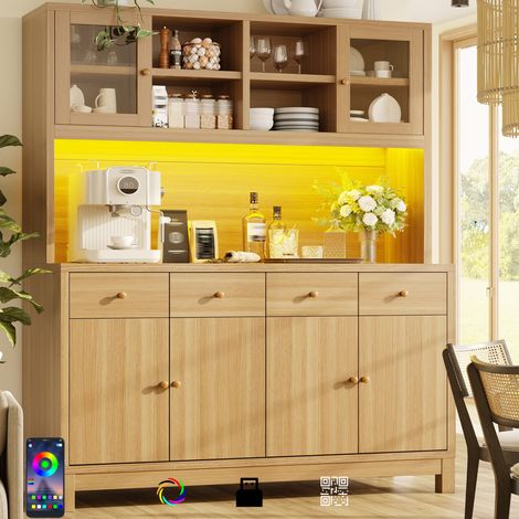 Aparador alto 140x38.5x180 cm con LED RGB por app, puertas de cristal, 4 cajones, MDF color madera (1/5)