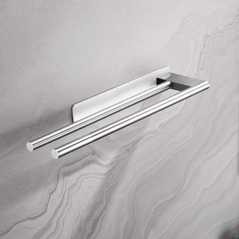 (Silver)304 Stainless Steel No Drilling Bathroom Towel Rack Double Towel Bar Adhesive Dual Arm Towel Holder Wall Mount for Bathroom Kitchen (1/5)