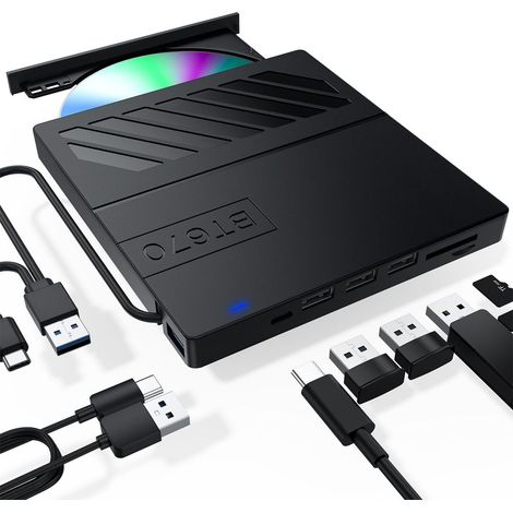 Lecteur CD/DVD externe, lecteur/graveur CD/DVD USB ultra-fin 7 en 1, graveur/imprimante CD-ROM à chargement par fente, compatible avec les ordinateurs portables (1/5)