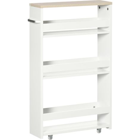 Carrello Bagno Salvaspazio a 3 Ripiani 48x15x80 cm con Rotelle e Maniglia in Legno Bianco (1/5)
