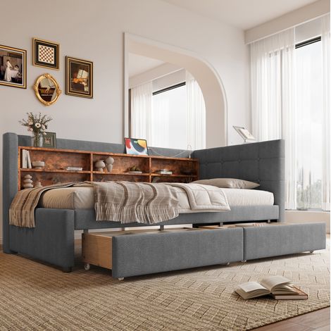Lit banquette 90x200 cm en lin gris avec tête de lit, 2 tiroirs, étagères, USB et Type-C, sommier à lattes (1/5)