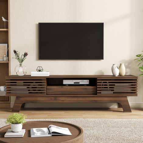 Modernluxe - Meuble TV moderne 150 x 35 x 44 cm - 2 portes persiennes et 1 tiroir - Gestion des câbles - MDF - Marron (1/5)