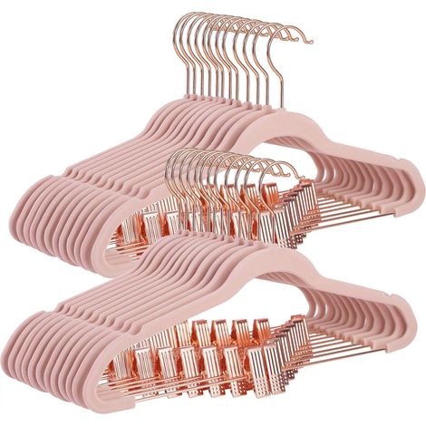 Hosenbügel, 24 Stück, 42 cm, mit verstellbaren Clips und Haken, goldfarben, rutschfester Samtbügel, platzsparend, für Röcke, hellrosa, Standardgröße