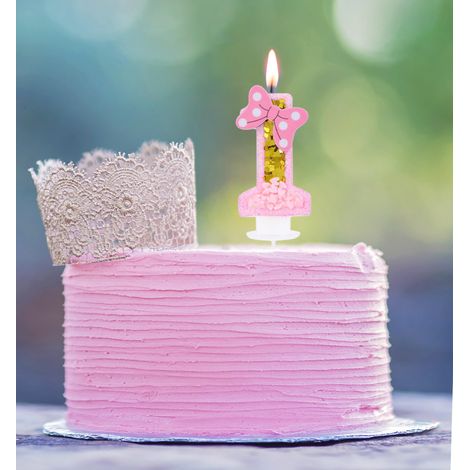 Bougie d'anniversaire en forme de chiffre 1 pour gâteau d'anniversaire de fille avec nœud rose 3D - Jolie bougie d'anniversaire pour tout-petit, bébé, princesse et femme - Thème doux - (1/5)