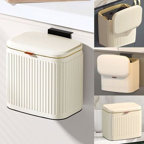 Poubelle de cuisine suspendue avec couvercle, poubelle de cuisine murale Gallon/4L (blanc laiteux,Bande verticale) (1/4)