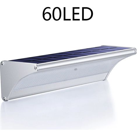 (Éclairage chaud - 60 LED - Argent) Appliques murales solaires pour jardin extérieur, lampe solaire avec capteur radar, en aluminium, étanche, 6000 mAh, pour éclairage de rue ou d'abri. (1/5)