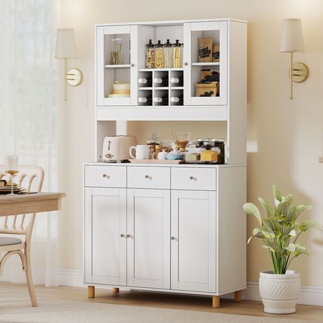 180 cm buffet, 2 portes vitrées, 3 tiroirs, 4 étagères réglables, buffet de salle à manger, contreplaqué, blanc (1/5)
