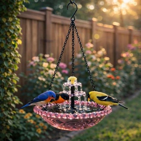 Fontaine suspendue solaire pour oiseaux - Fontaine d'extérieur avec cascade - Décoration de jardin pour terrasse, patio, pelouse - Rose - 1 pièce (1/5)