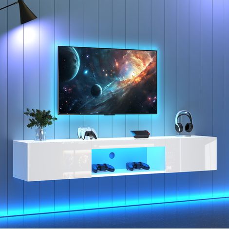 Mueble TV suspendido 160x31x22 cm en tablero de partículas blanco con LED - MEUBLIV (1/5)