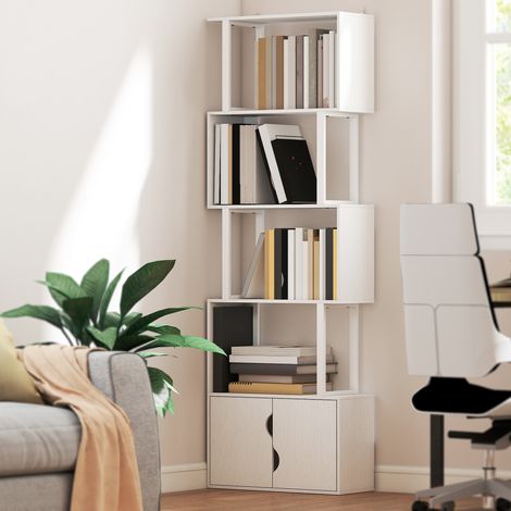 Libreria a 5 ripiani a forma di S con 5 mensole e 2 ante per soggiorno/ufficio, 60x23,8x179,2 cm, bianca.