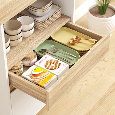 Étagère de cuisine en bois blanc avec tiroir, placard et étagère ouverte pour micro-ondes, 60x40x131 cm (1/5)