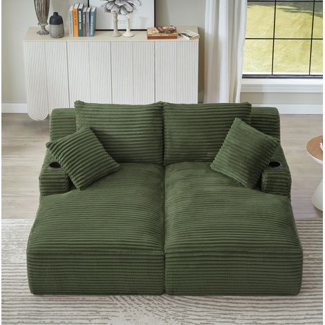 Divano letto doppia chaise longue in velluto a coste verde con portabicchieri - MEUBLIV (1/5)