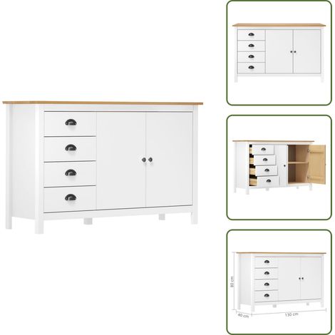 Buffet Hill Blanc 130x40x80 cm Bois de pin solide - Buffet En Bois - Meuble De Rangement - Commode - Armoire Blanche - Mobilier Moderne (1/5)