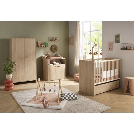 Chambre bébé trio - Lit 120 x 60 cm + Commode + Armoire 2 portes - Adele - Hêtre/crème - SAUTHON