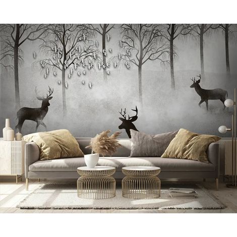 Papier Peint Noir et Blanc - Forêt Brumeuse et Cerfs - 500 x 270 cm (1/2)