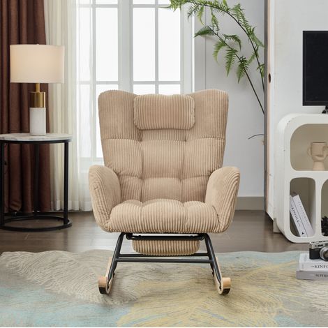 Poltrona a dondolo 102x65x92 cm marrone in velluto a coste con poggiapiedi estraibile e tasca laterale (1/5)
