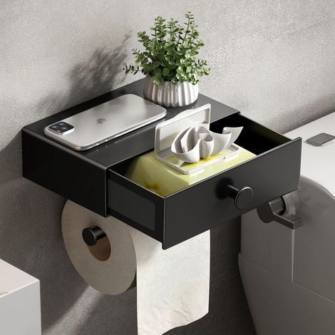 VOLDRA Toilettenpapierhalter Ohne Bohren, Klopapierhalter Mit Feuchttücherbox Klorollenhalter mit Schublade Ablage Papier Halterung für Wc & Bad-Wandhalterung(Matt-schwarz) (1/5)