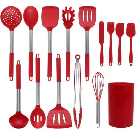 15 pièces ustensiles cuisine, silicone alimentaire et acier inoxydable, rouge, résistant à la chaleur, idéal pour cuisinier débutant ou confirmé (1/4)