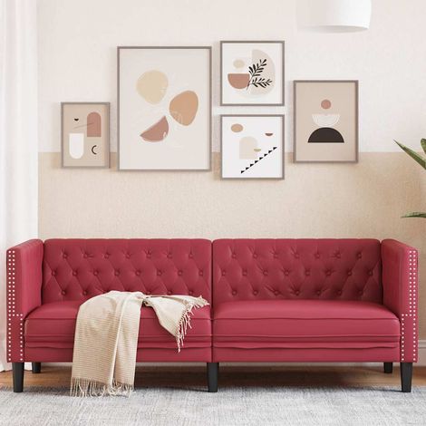 Canapé 3 places Chesterfield en similicuir rouge bordeaux, 194 x 74,5 x 70,5 cm - PANGIVO (1/5)