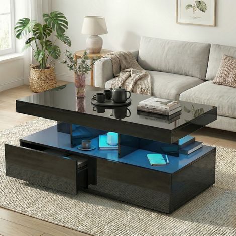Tavolino da salotto con LED 104x53cm, Tavolo rettangolare con 2 cassetti e vani aperti, Mobile soggiorno moderno effetto lucido, Nero