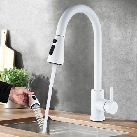 Mitigeur de Cuisine avec Douchette blanc Extensible,Robinet Cuisine Rotatif à 360°avec 2 Modes de Pulvérisation Monocommande Mitigeur d'évier Froide et Chaud Disponible en Acier Inoxydable (1/5)