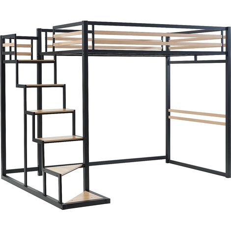Letto a soppalco 140 x 200 cm Metallo e MDF Nero e Naturale - JOGUI