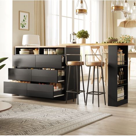 Table bar extensible 137-215/39/102,3 cm noire avec 6 tiroirs et roulettes, design moderne (1/5)