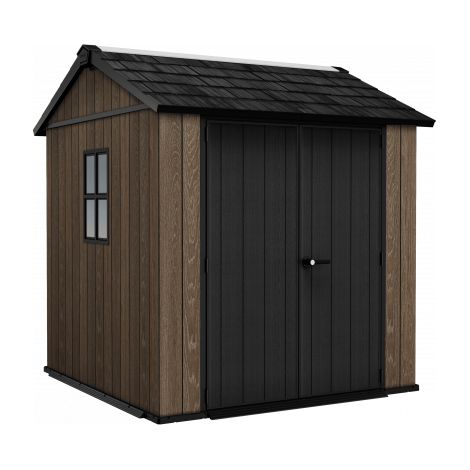 Abri de jardin EVOTECH+ 223,8 x 230 cm en résine imitation bois - plancher et double porte - Charge de neige : 150 kg/m² - Apex 757/775 Signature Noyer - Keter (1/5)