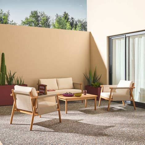 Salon de jardin bois d'acacia et tissu beige 4 places - Koa