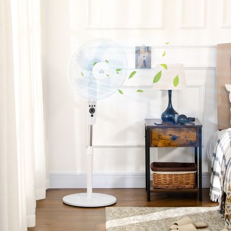 Ventilateur sur pied avec télécommande, hauteur réglable, 3 vitesses, métal. Blanc. Ø 44,5 x H 110-124 cm