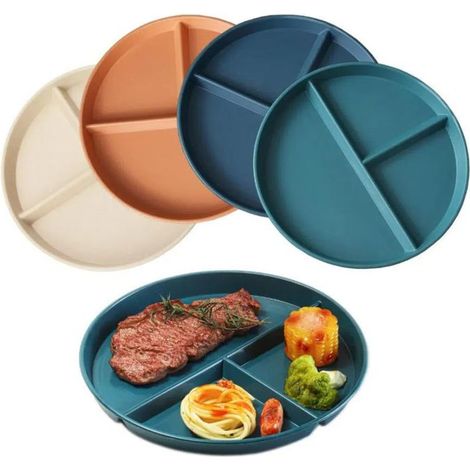 4pcs Assiette Plate Incassable avec 3 Compartiments Assiette à Dîner Micro-ondes et Lave-vaisselle Assiette pour Enfants - 23CM (1/5)
