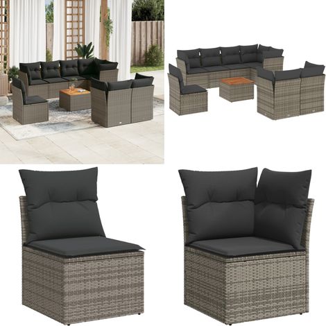 9-tlg. Garten-Sofagarnitur mit Kissen Grau Poly Rattan - Gartenmöbel Set - PE-Rattan Möbel - Outdoor Sofa - Esstisch - Lounge Set - Home & Living (1/5)