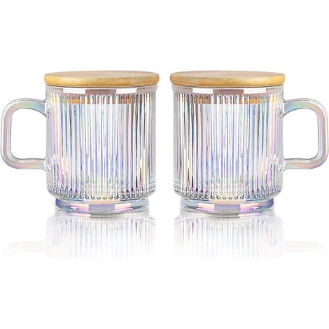 Ensemble de 2 tasses à café en verre irisé de 340 ml, avec couvercle et bords côtelés. (1/5)