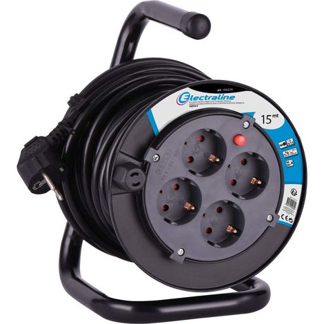 Electraline 49031 - Avvolgicavo H05VV-F 3G1,5, 15 m, IP20 per interni/cavi con 4 prese Schuko/scatola per cavi con cavo di prolunga/avvolgitore con manovella, colore: Nero